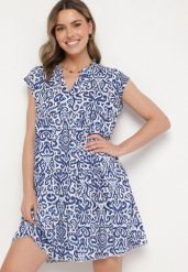 Niebieska Bawełniana Sukienka o Rozkloszowanym Kroju Oversize Liravina. Niebieskie sukienki Born2be, na co dzień, l, bez wzorów, z bawełny, eleganckie, bez kołnierzyka, bez ramiączek, midi, oversize. Za 39.99 zł.
