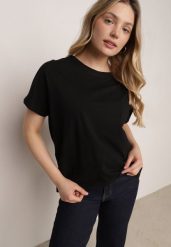 Czarny T-shirt Bawełniany Klasyczny o Fasonie Oversize z Dłuższym Tyłem Nemedora. Czarne t-shirty Born2be, m, bez wzorów, z bawełny, bez kołnierzyka, bez ramiączek. Za 39.99 zł.