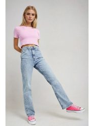 Monki Dżinsy - Regular fit - w kolorze błękitnym rozmiar: W30. Niebieskie jeansy Monki, z aplikacjami, z podwyższonym stanem. Za 65.54 zł.