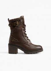 Kozaki sznurowane Mustang. Brązowe kozaki bonprix, bez obcasa, na obcasie, bez zapięcia. Za 349.99 zł.