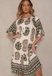 Ciemnozielona Pudełkowa Sukienka z Wiskozy w Abstrakcyjny Wzór Revirelle. Zielone sukienki Renee, na spotkanie biznesowe, na lato, l, bez wzorów, z materiału, eleganckie, bez kołnierzyka, bez ramiączek, midi. Za 54.99 zł.