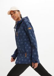 Kurtka softshell w kwiaty, z materiału odpychającego wodę. Niebieskie kurtki sportowe bonprix, bez wzorów, z softshellu, bez kaptura. Za 219.99 zł.