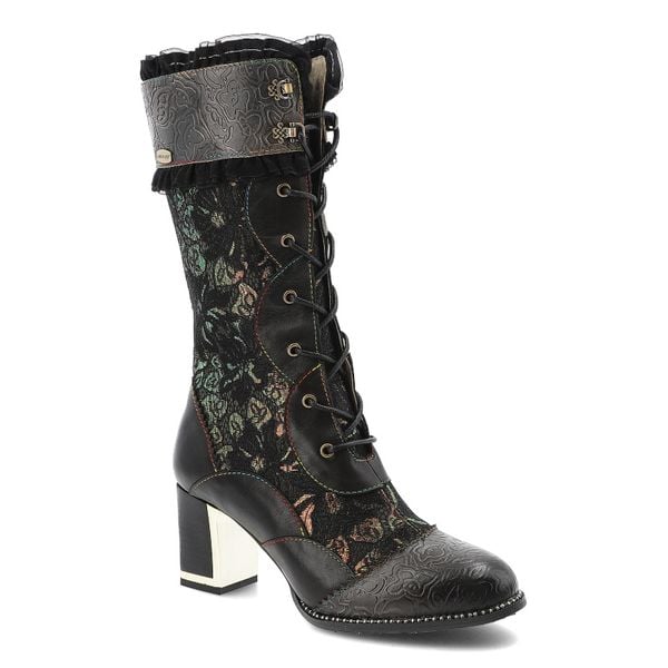 Czarne Kozaki Laura Vita Eleganckie Obuwie Damskie. Czarne kozaki Laura Vita, z koronki, przed kolano, bez obcasa, na obcasie, bez zapięcia. Za 492.99 zł.