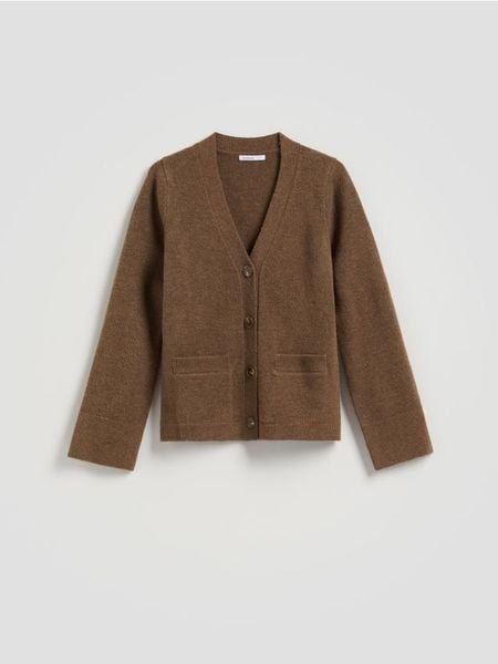 Kardigan z kieszeniami - brązowy. Brązowe kardigany Reserved, l, bez wzorów, z dzianiny. Za 139.99 zł.