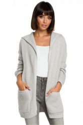 Dłuższy sweter kardigan bez zapięcia z kapturem. Brązowe kardigany Polskie swetry, s, bez wzorów, z jeansu. Za 259.00 zł.