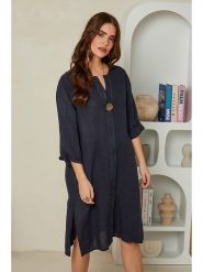 Rodier Lin Lniana sukienka w kolorze granatowym rozmiar: L/XL. Niebieskie sukienki Rodier Lin, na co dzień, l, bez wzorów, ze lnu, bez kołnierzyka, bez ramiączek, midi, proste. Za 223.45 zł.