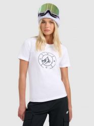 4F T-shirt regular z nadrukiem damski - biały S. Białe t-shirty 4f, s, bez wzorów, z bawełny, bez kołnierzyka, bez ramiączek. Za 59.99 zł.