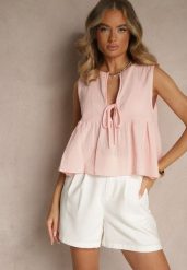 Różowa Bluzka Top z Bawełny Wiązana z Przodu z Falbanką Comila. Czerwone bluzki Renee, m, bez wzorów, z bawełny, bez kołnierzyka, bez ramiączek. Za 59.99 zł.