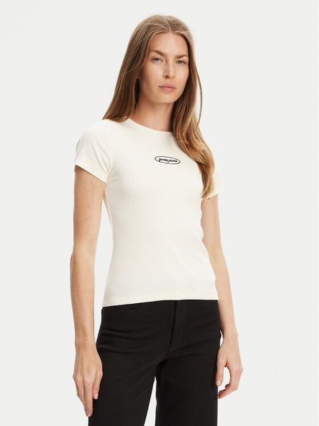 Guess Jeans T-Shirt W5YP37 KA0H1 Écru Slim Fit. T-shirty Guess Jeans, xs, z aplikacjami, z bawełny, bez kołnierzyka, bez ramiączek. Za 99.99 zł.