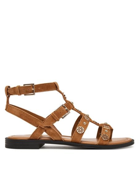 Guess Sandały FLJY2Z SUE03 Brązowy. Brązowe sandały Guess, z aplikacjami, ze skóry, bez obcasa, na płaskiej podeszwie, bez zapięcia. Za 477.99 zł.