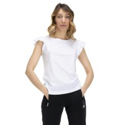 T-shirt damski z falbaną w kolorach ziemi. Białe t-shirty LEONE 1947 APPAREL, l, bez wzorów, z tkaniny, bez kołnierzyka, bez ramiączek. W wyprzedaży za 83.85 zł.