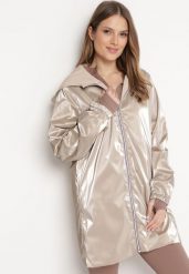 Beżowa Kurtka Dwustronna z Nieodpinanym Kapturem i Metalicznym Efektem Lirednil. Brązowe kurtki Born2be, l, bez wzorów. Za 99.99 zł.