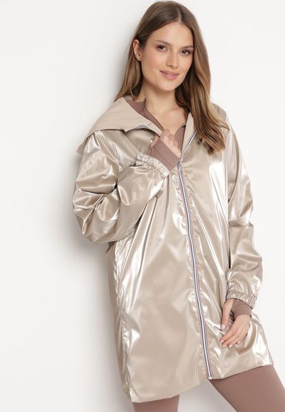 Beżowa Kurtka Dwustronna z Nieodpinanym Kapturem i Metalicznym Efektem Lirednil. Brązowe kurtki Born2be, l, bez wzorów. Za 99.99 zł.