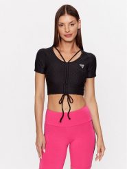 Guess Bluzka Delma V3GP09 KBOA2 Czarny Regular Fit. Czarne bluzki Guess, s, z aplikacjami, z syntetyku, bez kołnierzyka, bez ramiączek. Za 169.99 zł.