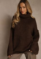 Brązowy Oversizowy Golf z Dodatkiem Wełny i Wiskozy Tenafera. Brązowe golfy Renee, s, bez wzorów, z dzianiny, bez ramiączek. Za 189.99 zł.