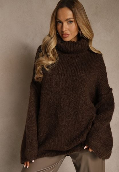 Brązowy Oversizowy Golf z Dodatkiem Wełny i Wiskozy Tenafera. Brązowe golfy Renee, s, bez wzorów, z dzianiny, bez ramiączek. Za 169.99 zł.