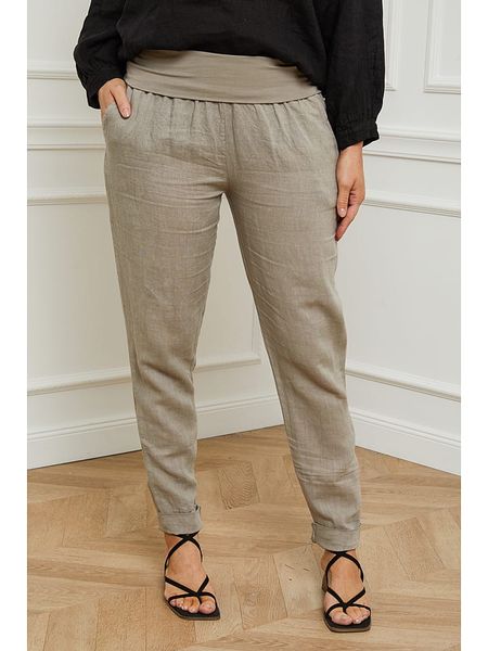 Curvy Lady Lniane spodnie "Provence" w kolorze szarobrązowym rozmiar: 44/46. Brązowe spodnie materiałowe Curvy Lady, bez wzorów, ze lnu, z podwyższonym stanem. Za 92.64 zł.