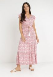 Biało-Czerwona Sukienka z Paskiem Phenaleia. Czerwone sukienki Born2be, l, bez wzorów, ze skóry, boho, bez kołnierzyka, bez ramiączek, maxi. Za 29.99 zł.