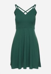 Zielona Rozkloszowana Sukienka z Ozdobnymi Paskami Redaina. Zielone sukienki Born2be, l, bez wzorów, eleganckie, bez kołnierzyka, bez ramiączek, mini, rozkloszowane. Za 69.99 zł.