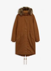 Długa, ocieplana parka. Brązowe parki bonprix, bez kaptura. Za 319.99 zł.