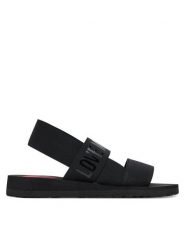 LOVE MOSCHINO Sandały JA16033G0MJN7000 Czarny. Czarne sandały Love Moschino, bez wzorów, z materiału, bez obcasa, na płaskiej podeszwie, bez zapięcia. Za 299.99 zł.