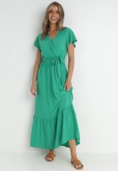Zielona Sukienka Diomeira. Zielone sukienki Born2be, l, bez wzorów, z tkaniny, eleganckie, bez kołnierzyka, bez ramiączek, maxi, kopertowe. Za 74.99 zł.