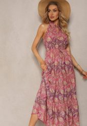 Fioletowo-Różowa Sukienka w Stylu Boho Bez Rękawów z Gumką w Pasie i Wiązaniem przy Dekolcie Yisa. Fioletowe sukienki Renee, na imprezę, na lato, l, bez wzorów, boho, bez kołnierzyka, bez ramiączek, maxi. Za 89.99 zł.