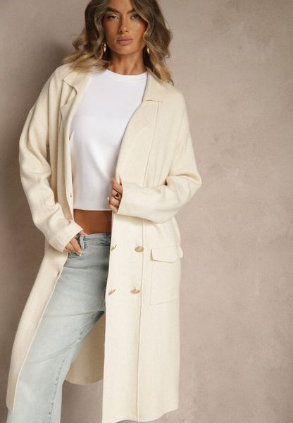 Jasnobeżowy Rozpinany Elegancki Kardigan z Wiskozą Ozdobiony Guzikami Arovira. Brązowe kardigany Renee, s, z aplikacjami, z jeansu. Za 159.99 zł.