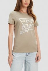 GUESS Zielony damski t-shirt Pearls Love. Zielone t-shirty Guess, s, z aplikacjami, bez kołnierzyka, bez ramiączek. W wyprzedaży za 189.99 zł.