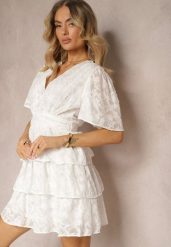Biała Sukienka o Rozkloszowanym Kroju z Dekoltem w Serek i Falbankami Drapia. Białe sukienki Renee, na imprezę, l, bez wzorów, eleganckie, bez kołnierzyka, bez ramiączek, mini, rozkloszowane. Za 119.99 zł.