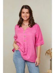 Curvy Lady Lniana bluzka w kolorze różowym rozmiar: 44/46. Różowe bluzki Curvy Lady, bez wzorów, ze lnu, klasyczne, bez kołnierzyka, bez ramiączek. Za 150.37 zł.