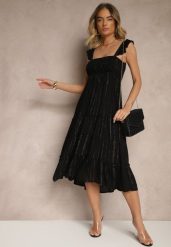Czarna Rozkloszowana Sukienka z Wiskozy z Metalicznymi Przeszyciami Iffaria. Czarne sukienki Renee, na co dzień, l, bez wzorów, z jeansu, eleganckie, bez kołnierzyka, bez ramiączek, midi, kopertowe. Za 89.99 zł.