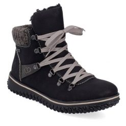 Botki Rieker. Czarne botki Rieker, bez wzorów, bez obcasa, na płaskiej podeszwie, bez zapięcia. Za 314.99 zł.