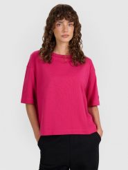 4F T-shirt oversize gładki damski - różowy XL. Czerwone t-shirty 4f, xl, bez wzorów, z bawełny, bez kołnierzyka, bez ramiączek. Za 59.99 zł.