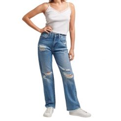 Spodnie turystyczne damskie Superdry High Rise Straight. Niebieskie spodnie materiałowe Superdry, na co dzień, bez wzorów, z bawełny. Za 248.85 zł.