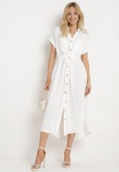 Biała Koszulowa Sukienka z Krótkim Rękawem Zapinana na Guziki z Materiałowym Paskiem Piantia. Białe sukienki Born2be, na co dzień, na lato, l, bez wzorów, z materiału, eleganckie, bez kołnierzyka, bez ramiączek, mini, koszulowe. Za 129.99 zł.