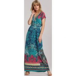Zielona Sukienka o Kopertowym Kroju w Ornamentalny Print Nalori. Zielone sukienki Renee, na co dzień, l, bez wzorów, bez kołnierzyka, bez ramiączek, maxi, kopertowe. Za 49.99 zł.