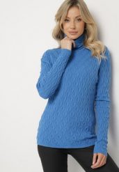 Niebieski Golf z Wiskozą Zdobiony Tłoczonym Wzorem i Metaliczną Nicią Ilamirael. Niebieskie golfy Born2be, z aplikacjami, z wiskozy, bez ramiączek. Za 84.99 zł.
