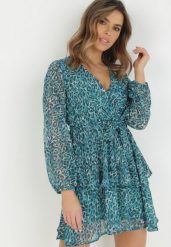 Niebieska Sukienka Lalessa. Niebieskie sukienki Born2be, l, z aplikacjami, z materiału, bez kołnierzyka, bez ramiączek, mini, kopertowe. Za 109.99 zł.