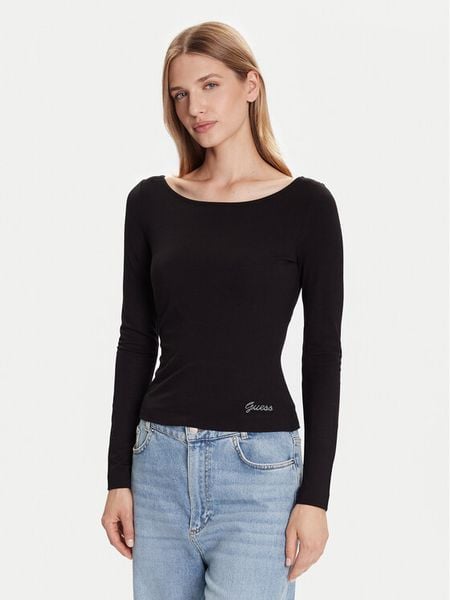 Guess Bluzka W5BP46 KCYV2 Czarny Slim Fit. Czarne bluzki Guess, m, z aplikacjami, z wiskozy, bez kołnierzyka, bez ramiączek. Za 129.99 zł.