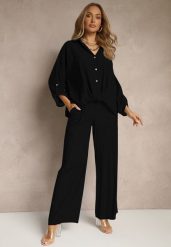 Czarny Komplet z Wiskozy w Stylu Oversize Szerokie Spodnie i Luźna Koszula na Guziki Natinne. Czarne koszule Renee, bez wzorów, z wiskozy, biznesowe, bez kołnierzyka, bez ramiączek. Za 129.99 zł.