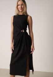 Czarna Sukienka z Wiskozą z Metaliczną Aplikacją i Rozcięciem na Nogę Aeradina. Czarne sukienki Born2be, na spotkanie biznesowe, s, z aplikacjami, z wiskozy, klasyczne, bez kołnierzyka, bez ramiączek, midi. Za 129.99 zł.
