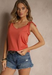 Pomarańczowy Top z Bawełną i Modalem z Wiązaniem przy Ramiączkach Lileria. Brązowe topy Renee, l, bez wzorów, z bawełny, bez kołnierzyka, bez ramiączek. Za 34.99 zł.