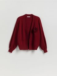 Kardigan z różą - czerwony. Czerwone kardigany Reserved, l, bez wzorów, z dzianiny. Za 149.99 zł.