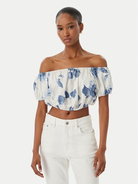 Guess Bluzka W6GHA1 W2447 Biały Regular Fit. Białe bluzki Guess, m, z aplikacjami, ze lnu, bez kołnierzyka, bez ramiączek. Za 235.99 zł.