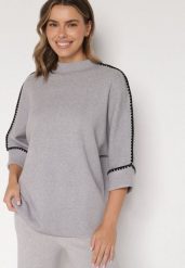 Szary Sweter z Kontrastową Lamówką Tuselle. Szare swetry Born2be, bez wzorów, z jeansu, bez ramiączek. Za 109.99 zł.
