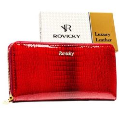 Lakierowany portfel w typie piórnika ze skóry naturalnej w czerwonym kolorze zamykany na suwak RH-25-1-RS Rovicky. Czerwone portfele ROVICKY, bez wzorów, z lakierowanej skóry. Za 95.99 zł.