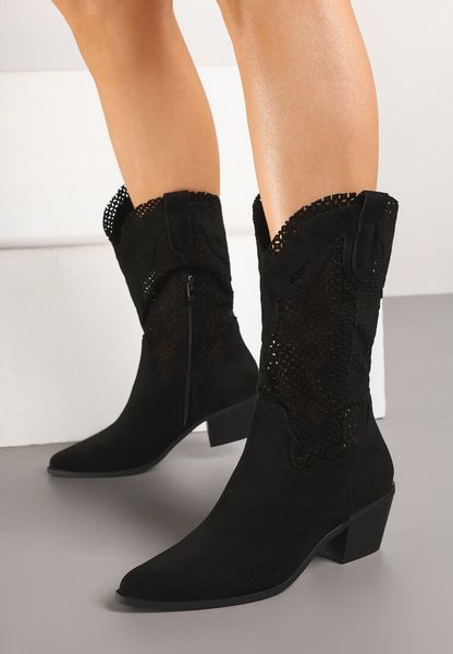 Czarne Botki Kowbojki na Słupku z Ażurową Cholewką Felmira. Czarne botki Renee, w ażurowe wzory, z jeansu, bez obcasa, na obcasie, bez zapięcia. Za 159.99 zł.
