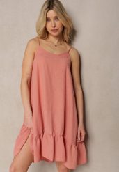 Ciemnoróżowa Sukienka na Ramiączkach o Rozkloszowanym Kroju z Wiązaniem z Tyłu i Falbanką Palara. Czerwone sukienki Renee, na spotkanie biznesowe, l, bez wzorów, eleganckie, bez kołnierzyka, bez ramiączek, mini, rozkloszowane. Za 59.99 zł.