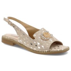 Sandały damskie S. Barski, skórzane z ozdobą na płaskim obcasie we wzorki i na płaskim obcasie, złote, KV51-096. Żółte sandały S.BARSKI, z aplikacjami, eleganckie, bez obcasa, na płaskiej podeszwie, bez zapięcia. Za 149.00 zł.